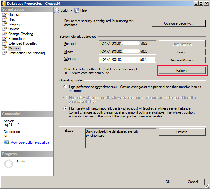 Plataforma de SQL en Espejo con testigo